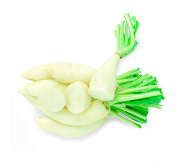 White Daikon radish, group radish, with green leaf isolated on white background with clipping path