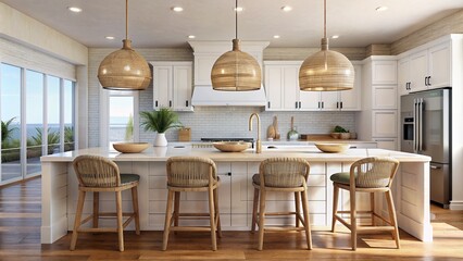 Coastal style kitchen with pendant lights and stylish bar stools looking over deck at the beach - obrazy, fototapety, plakaty