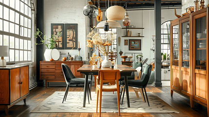 Eclectic dining room featuring a mix of vintage and modern furniture, including a statement dining table, mismatched chairs, and unique pendant lighting - obrazy, fototapety, plakaty