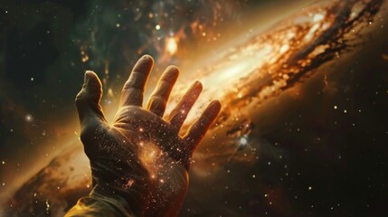 human hand in front of a galaxy symbolizing technical and science research progress. conceptual...