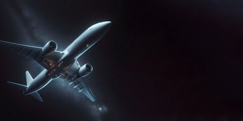 A white airplane flying in sky at night, a banner with space for text