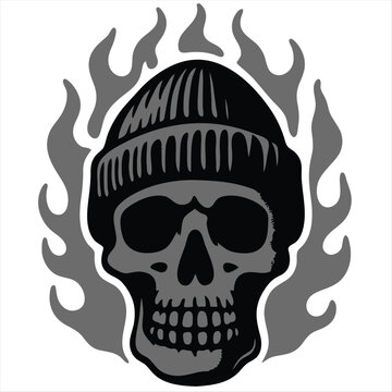 Skull on Fire, burning skull tattoo, Logo template, black and white vector illustration isolated on white background