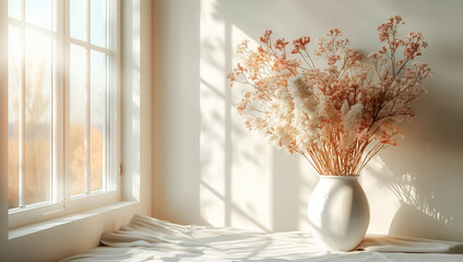 Colored wall mockup for a poster with a vase of flowers. Interior design of a room with a window. Beautiful modern background.