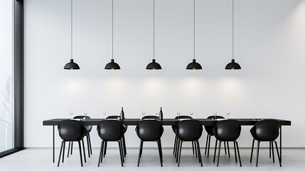 Minimalist urban dining room with a sleek black dining table, molded plastic dining chairs, and a row of minimalist pendant lights hanging at different heights - obrazy, fototapety, plakaty
