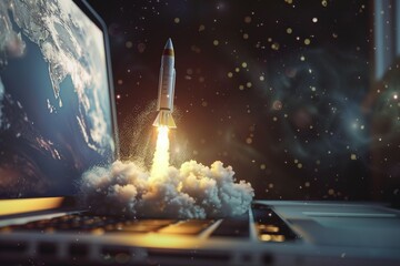 Digital illustration of launching space rocket from laptop screen. Rocket Flying Out of Laptop.