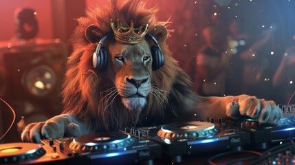 portrait image of a lion working as DJ. just a casual day at work. 