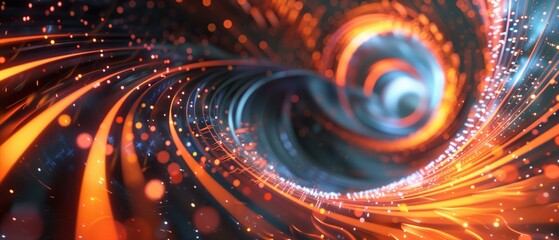 Cosmic Spiral, This vibrant image captures a digital illustration of a swirling vortex, glowing with fiery orange and cool blue tones, reminiscent of a cosmic phenomenon.