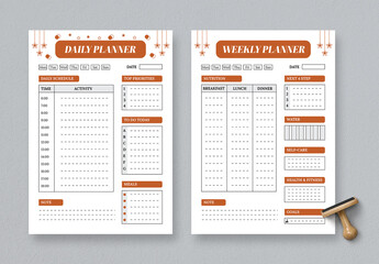 Orange Color Daily And Weekly Planner Template - obrazy, fototapety, plakaty