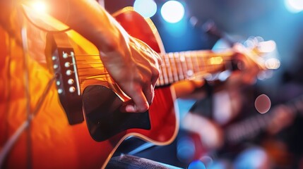 Obraz premium Talented guitarist in a professional recording studio passionately playing a captivating solo