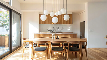 Scandinavian-inspired dining room with a white oak dining table, Scandinavian-style chairs, and a cluster of modern globe pendant lights - obrazy, fototapety, plakaty