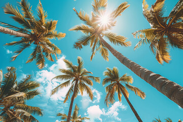 Fototapeta na wymiar Tropical palm trees against a clear blue sky with sun flare. Summer vacation and travel concept. Design for poster, postcard, and tourism advertisement, Generative ai