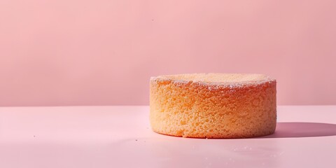 Soft sponge cake on a pastel pink background, casting a soft shadow. - obrazy, fototapety, plakaty