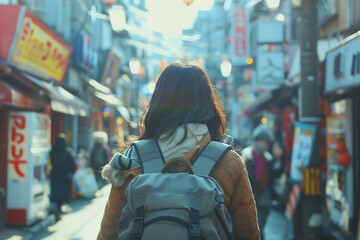 Rear view of a young woman with a backpack exploring a vibrant street in Japan. Urban travel and adventure concept. Design for blog post, travelogue, and cultural exploration articles, Generative ai