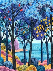 A painting depicting trees reflecting on a body of water, capturing the essence of nature and its beauty
