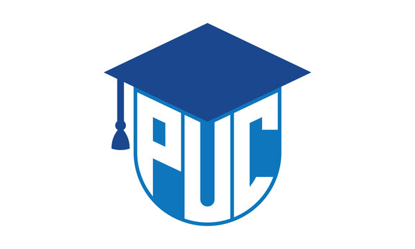 PUC initial letter academic logo design vector template. school college logo, university logo, graduation cap logo, institute logo, educational logo, library logo, teaching logo, book shop, varsity