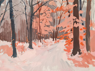 A painting depicting a snowy road winding through a forest of bare trees, with snow-covered branches and a serene winter ambiance