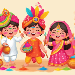 Kids Playing colorful Holi festival 