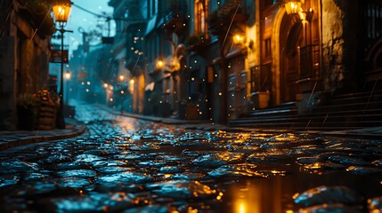 City Serenity: Rainfall Adorns the Streets - obrazy, fototapety, plakaty