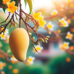 A mango on a blooming mango tree branch