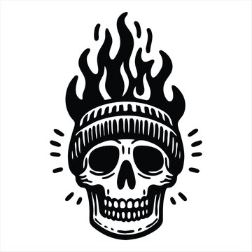 Skull on Fire, burning skull tattoo, Logo template, black and white vector illustration isolated on white background