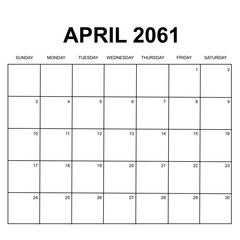 april 2061. monthly calendar design. week starts on sunday. printable, simple, and clean vector design isolated on white background.