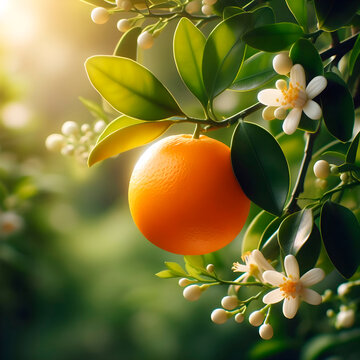 Closeup photography of a fresh orange hanging on orange tree branch