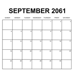 september 2061. monthly calendar design. week starts on sunday. printable, simple, and clean vector design isolated on white background. - obrazy, fototapety, plakaty