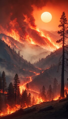 A dense forest fire with billowing smoke and bright red flames engulfing forested areas. Climate change and the threat to forest ecosystems. Climate change concept. Generated AI