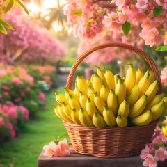 basket of bananas on a wooden table in the garden