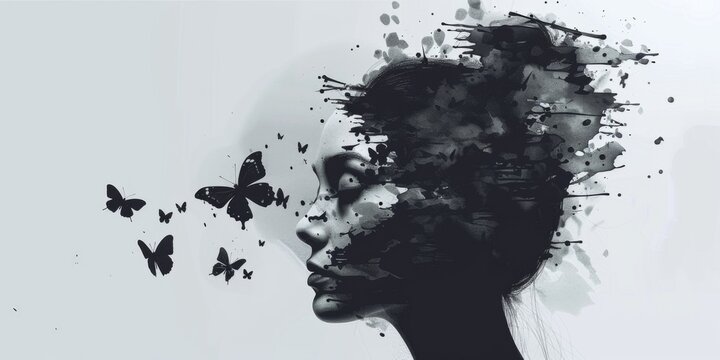 abstract art image of a womans face with butterflies flying around. abstract illusional image. 