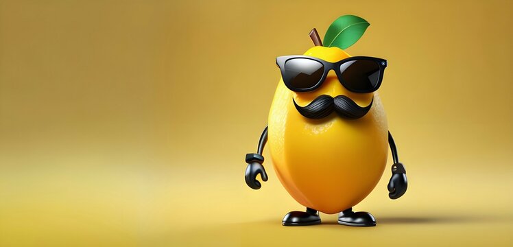 A funny mango cartoon character wearing sunglasses with moustache isolated on yellow background