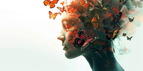 abstract art image of a womans face with butterflies flying around. abstract illusional image. 