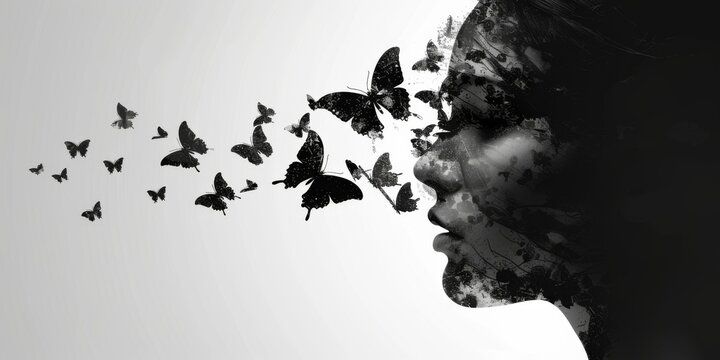 abstract art image of a womans face with butterflies flying around. abstract illusional image. 