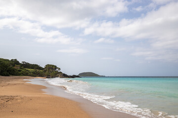 Fototapeta na wymiar Lonely, wide sandy beach with a turquoise sea. Tropical plants of a bay in sunshine in the Caribbean. Plage de Cluny, Basse Terre, Guadeloupe, French Antilles,