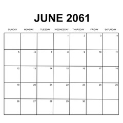 june 2061. monthly calendar design. week starts on sunday. printable, simple, and clean vector design isolated on white background.