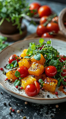 Plant-Based Cuisine: Baked sweet potstoes with cherry tomatoes and greens.