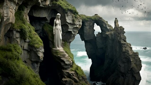  A scene of natural beauty, A statue of a woman on a cliff, silently watching the never-ending flow of the river. Seamless looping 4k time-lapse animation video background