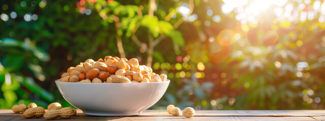 white bowl with peanuts on nature background