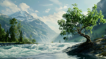 Tree floating in a rushing mountain river, serene mountainous landscape