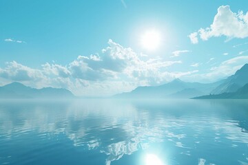 an image of a lake in a blue sky, in the style of minimalist sets