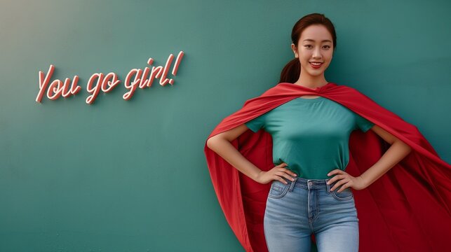 You go girl! Young Asian woman in a confident pose in front of a green wall. She wears blue jeans and a red superhero cape. "You go girl!" as a neon sign on the wall behind her. 