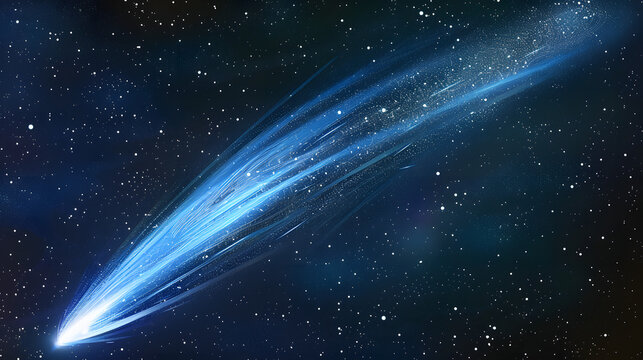 A comet streaking across the night sky, captured in high-definition photography. The comet's tail glows brightly against the dark expanse, with vibrant blues and whites contrasting sharply with the de