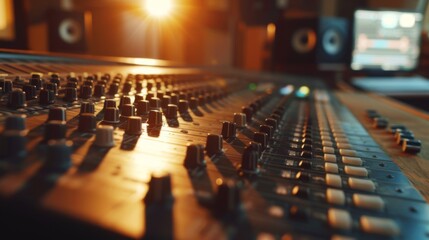Fototapeta premium Sound mixer. Modern Music Record Studio Control Desk. Studio for recording music and sound in natural lights. 