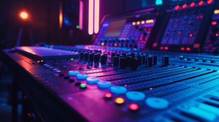 Sound mixer. Modern Music Record Studio Control Desk. Studio for recording music and sound in neon colors. 