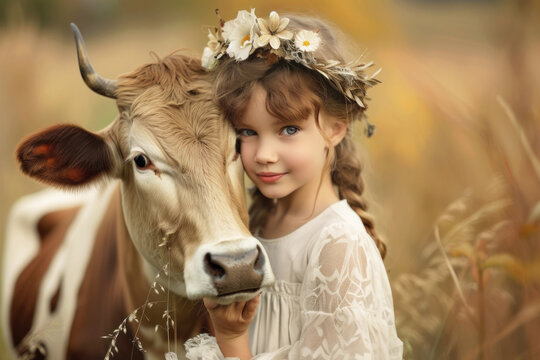 adorable little lady with cow on medow