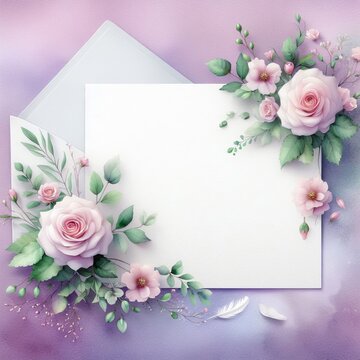 Blank wedding card template – Watercolor wedding invitation mockup with rose decorations