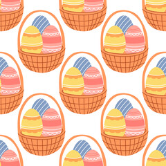 Easter seamless pattern with basket and painted eggs on white background. Festive bright background for printing on packaging, fabric, paper and other surfaces.