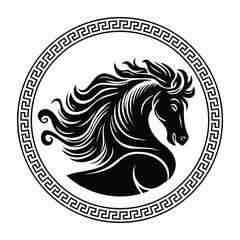 Circular design with fluttering-haired horse sketch art for stamps, logos, tattoos, and printing