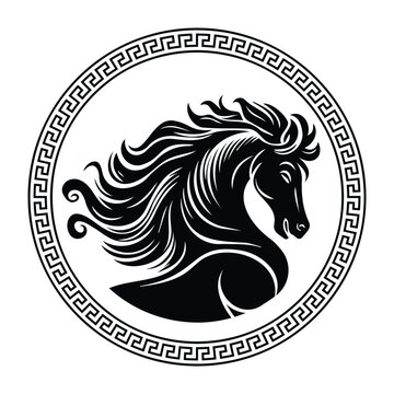 Circular design with fluttering-haired horse sketch art for stamps, logos, tattoos, and printing