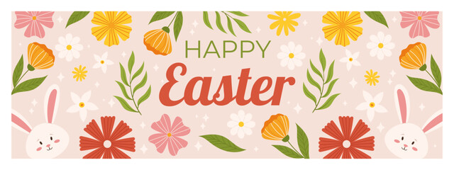 Happy Easter horizontal banner template. Design with cute bunny, flowers and leaves around. - obrazy, fototapety, plakaty